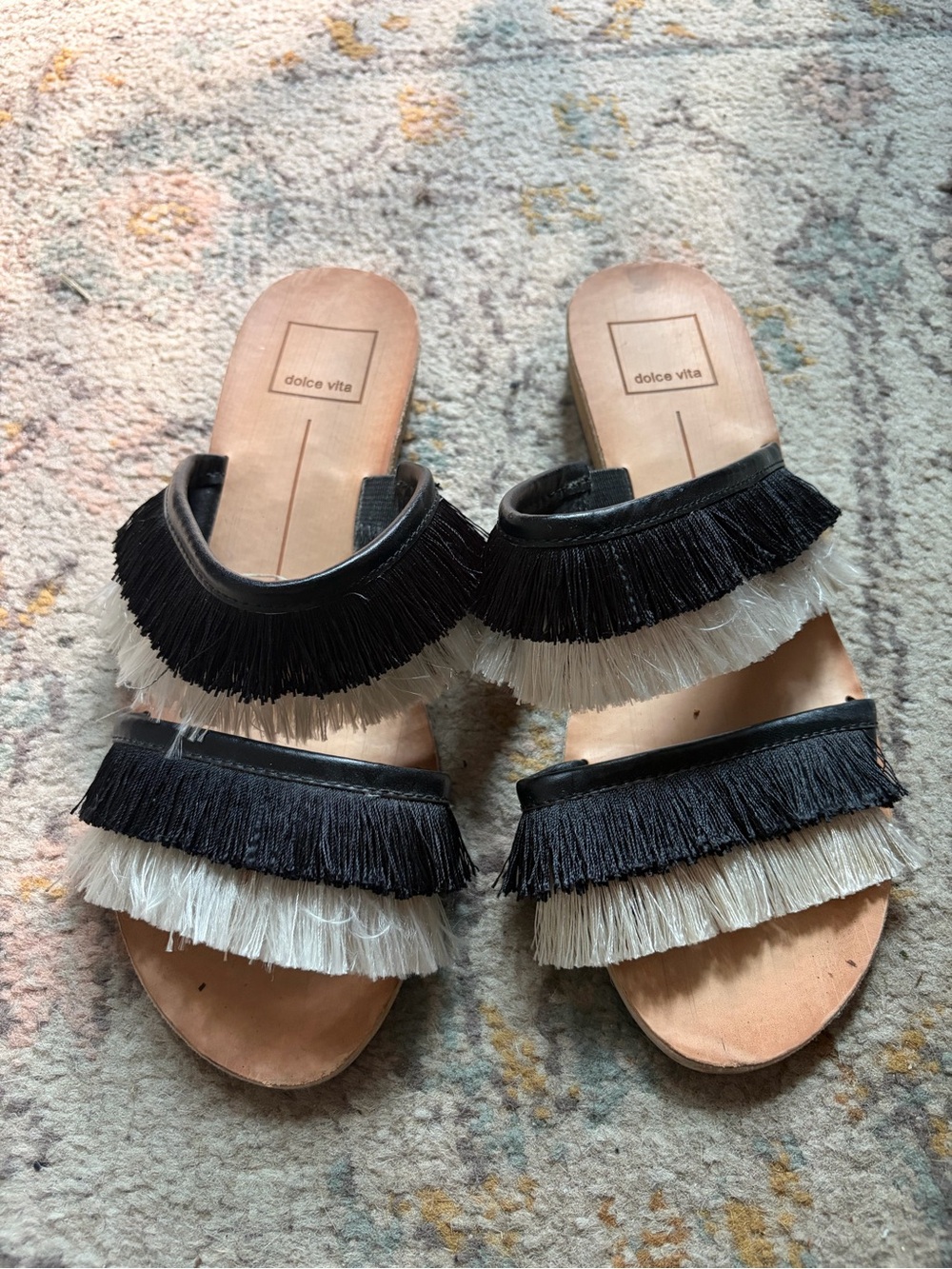 Dolce Vita Black and Cream Fringe Double-Band Slide Mules